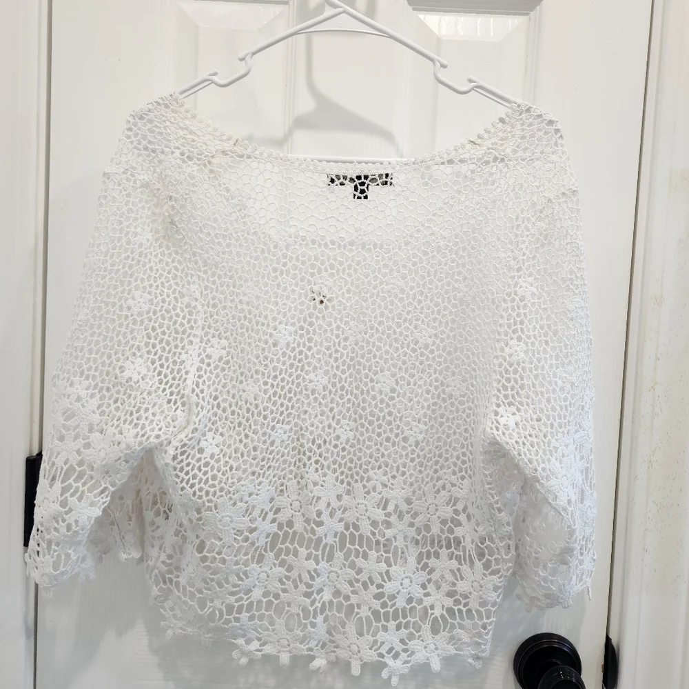Rabbit Design Womens White V Neck Short Sleeve Bordered Shrug Lace - Picture 6 of 6